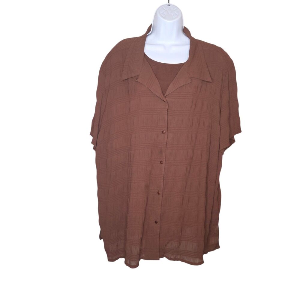 Maggie Barnes 3X Brown Textured 2-Piece Set Short Sleeve Button Front Top & Tank